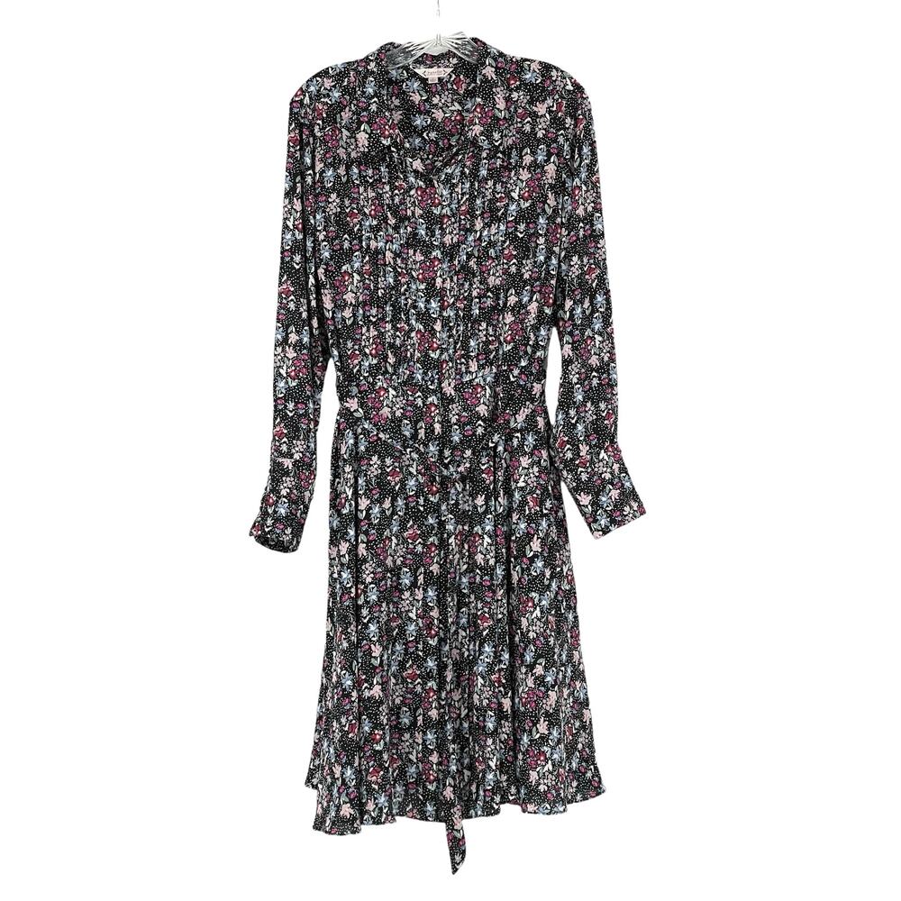 Nanette Lepore Floral Flowy Belted Dress Black Pink Sz 12 Gardencore Elegant